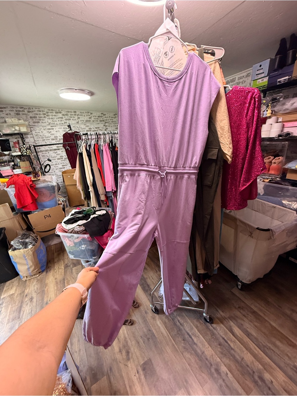 Cap-Sleeve Lilac Drawstring Jumpsuit - Picture 2 of 9